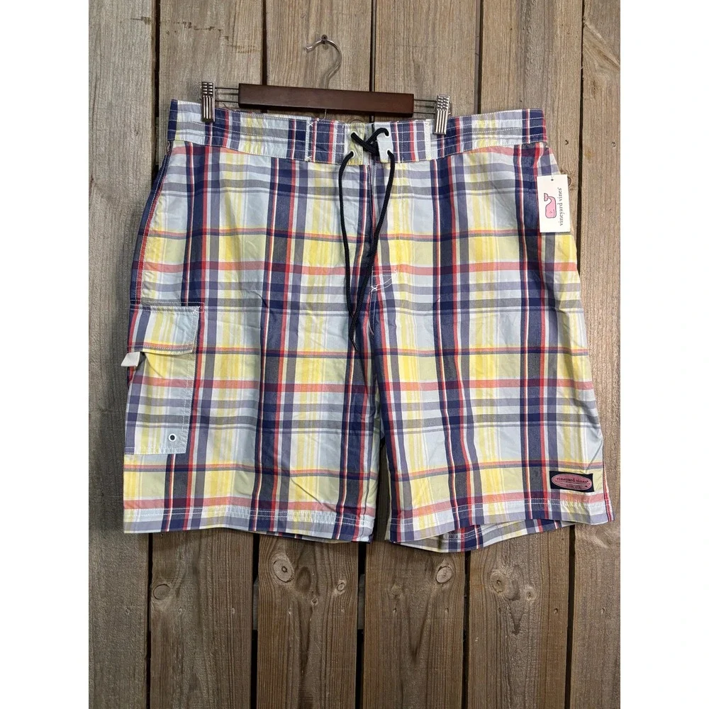 Vineyard Vines Mens Plaid Board‎ Shorts Swim Trunks Yellow Blue Red Size 38 NWT